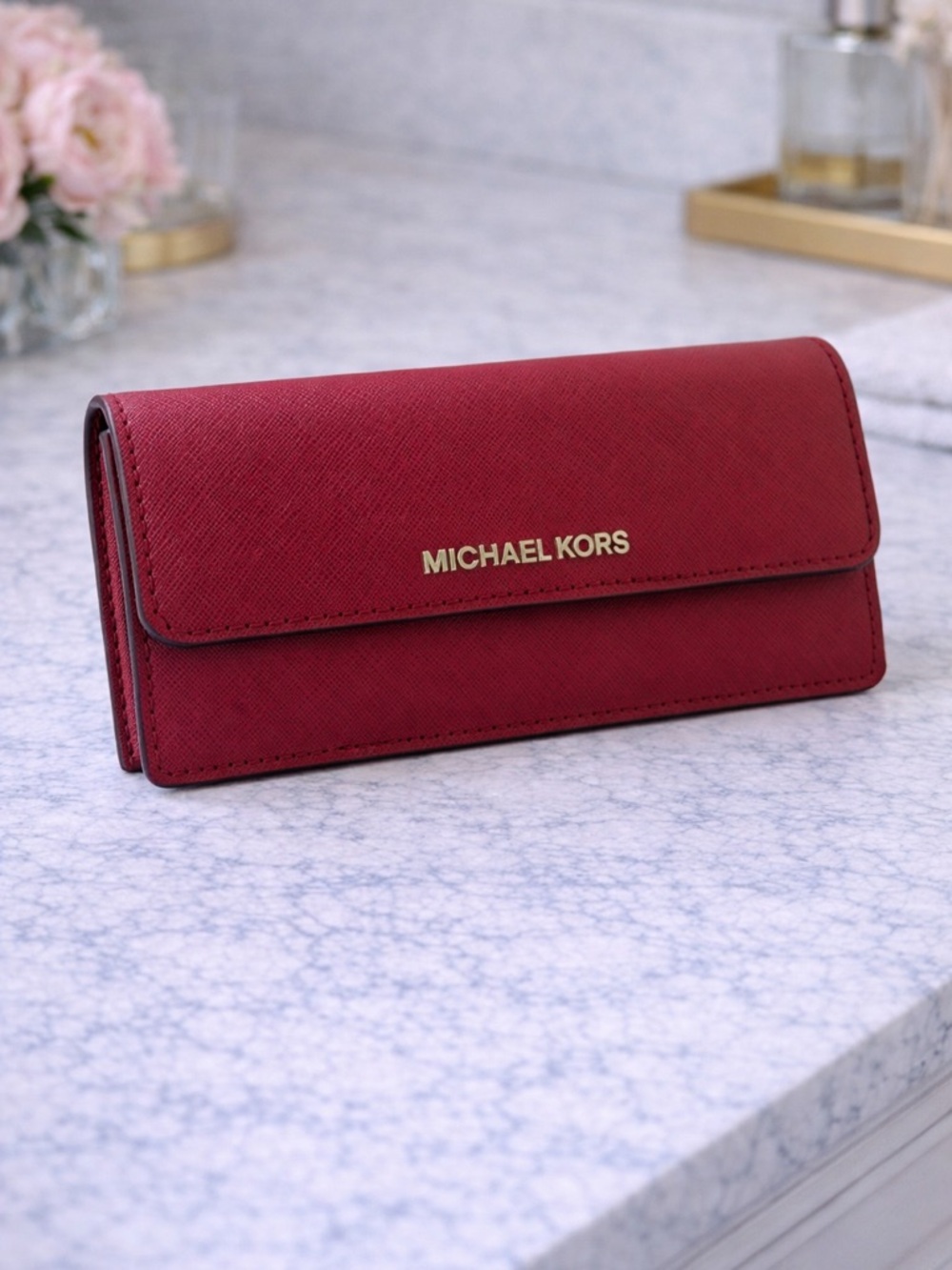 Michael Kors Burgundy Saffiano Leather Wallet with Gold Logo